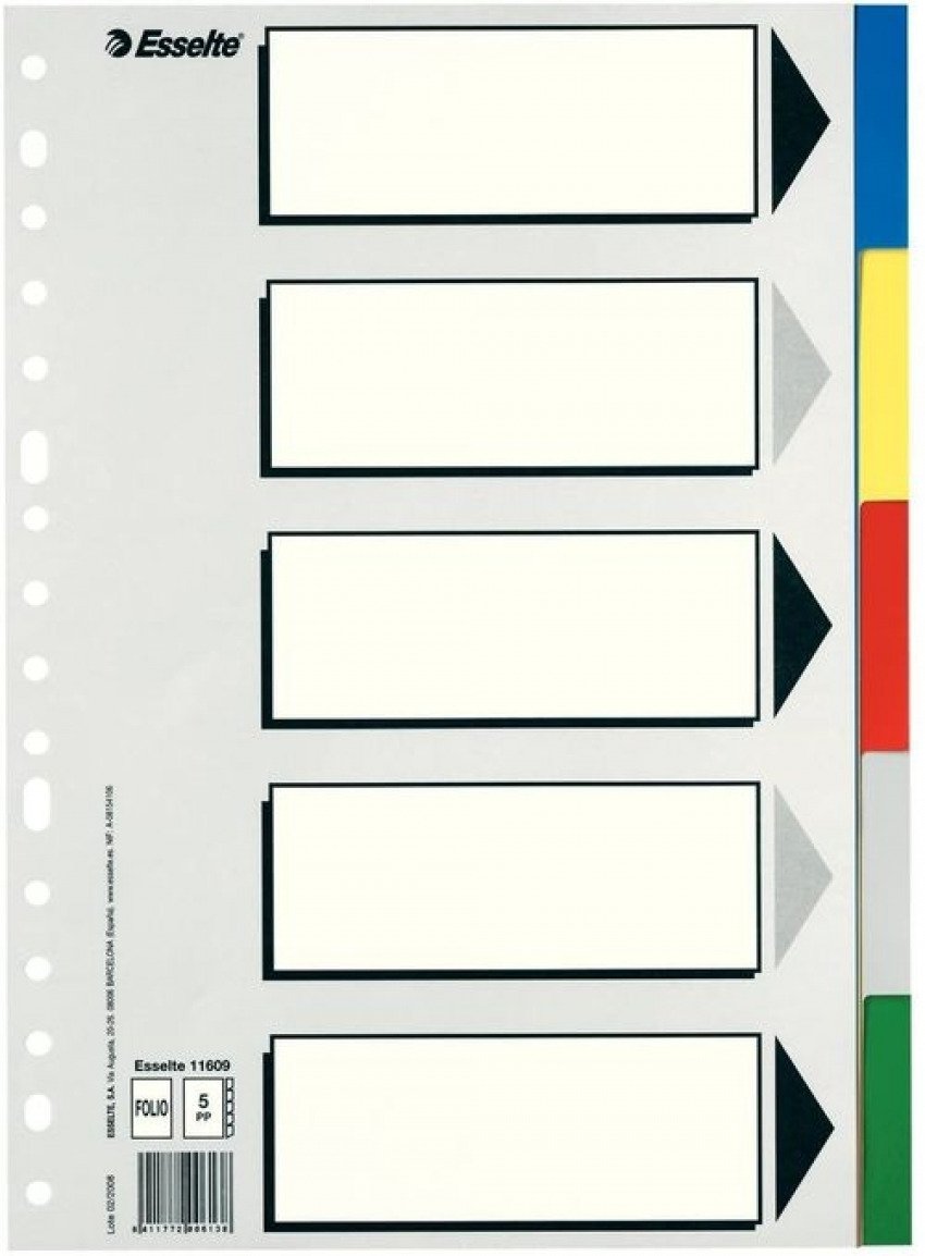 Bolsa separadores fº multitaladro con 5 pestañas de colores pvc esselte