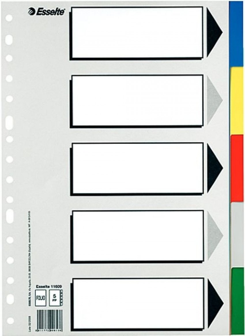 Bolsa separadores a4 multitaladro con 5 pestañas de colores pvc esselte