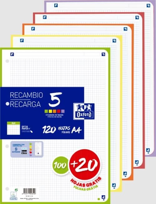 Recambio 5 multicolor a4 100+20h 90g 4 taladros cuadrícula 4x4 con 5 colores de banda vivos