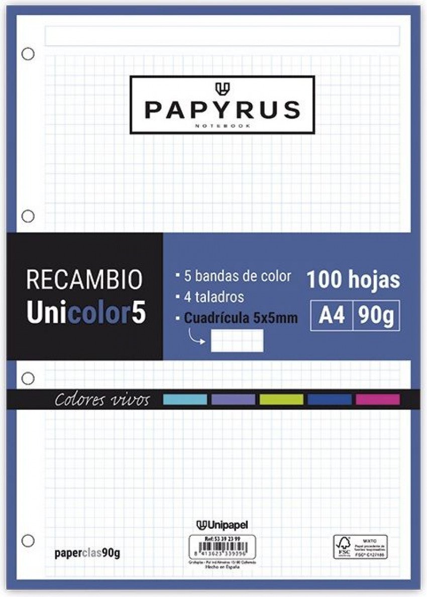 Recambio uni5 a4 100h 90g 4 taladros cuadricula 5x5 5 colores de banda tonos vivos