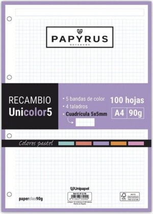 Recambio uni5 a4 100h 90g 4 taladros cuadricula 5x5 5 colores de banda tonos pastel