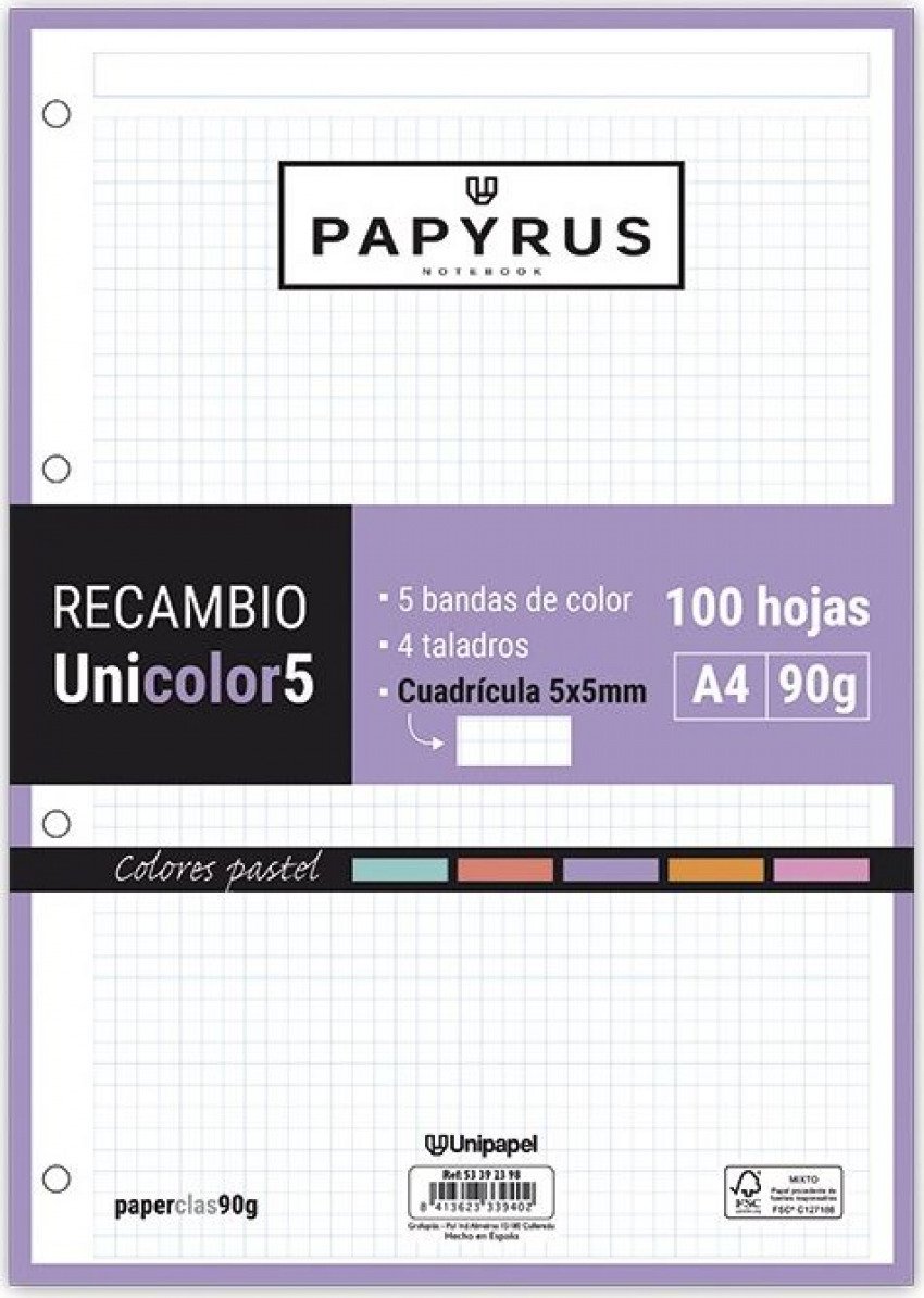Recambio uni5 a4 100h 90g 4 taladros cuadricula 5x5 5 colores de banda tonos pastel