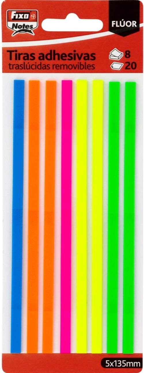 Blister 8 tiras adhesivas translucidas clores fluo 5x135mm