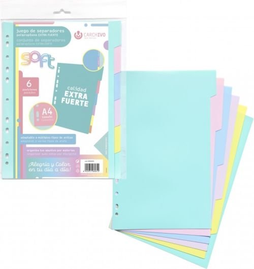 Bolsa separadores a4 soft extra-fuerte 10 pestañas colores pastel multitaladro