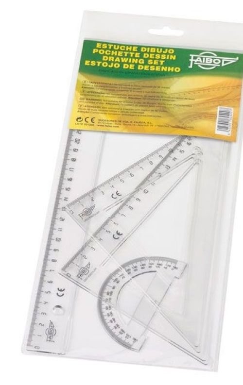 Estuche dibujo escolar transparente	regla 30 cm	escuadra y cartabón 25 cm	semicírculo 9 cm.