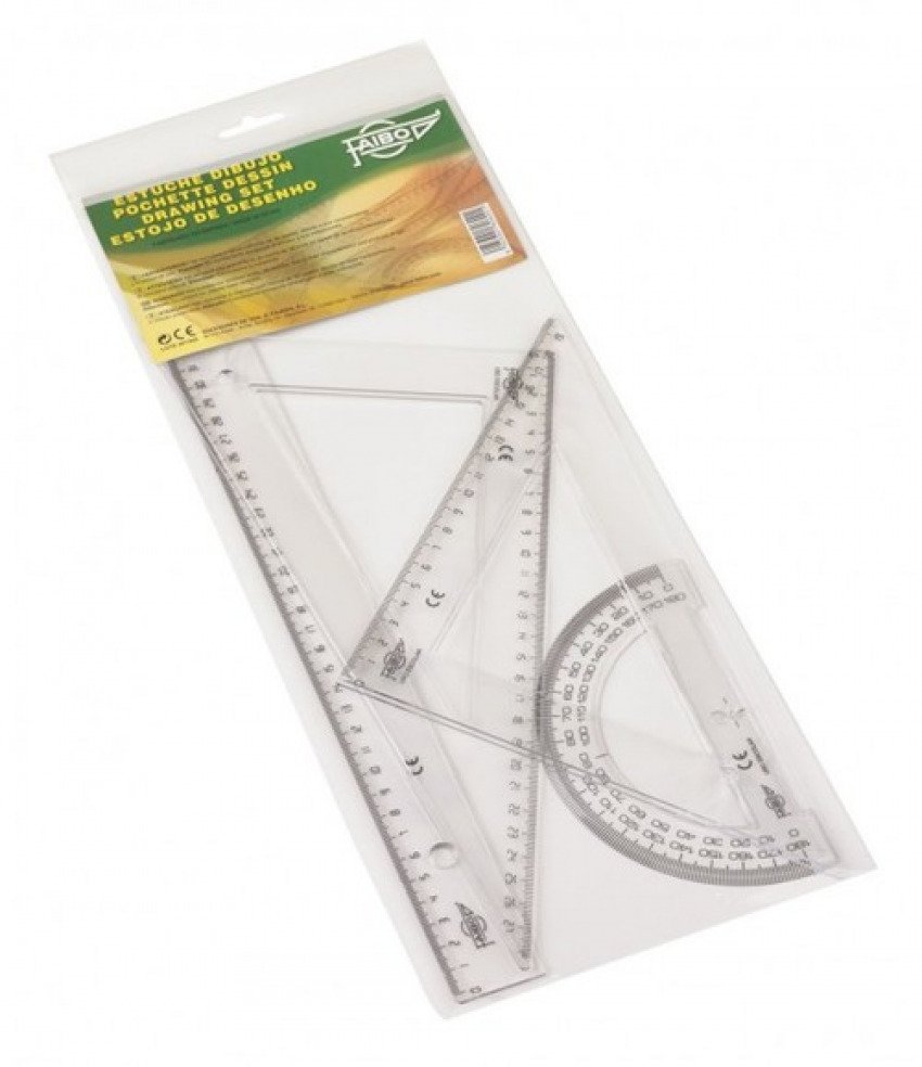 Estuche dibujo escolar transparente	regla 30 cm	escuadra y cartabón 30 cm	semicírculo 15 cm.